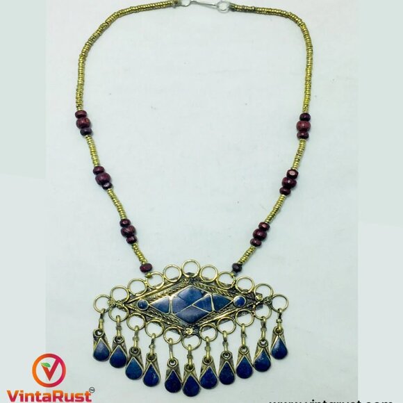 Lapis Lazuli Pendant Necklace With Beaded Chain, Handmade Beaded Chain Necklace, - Picture 3 of 12
